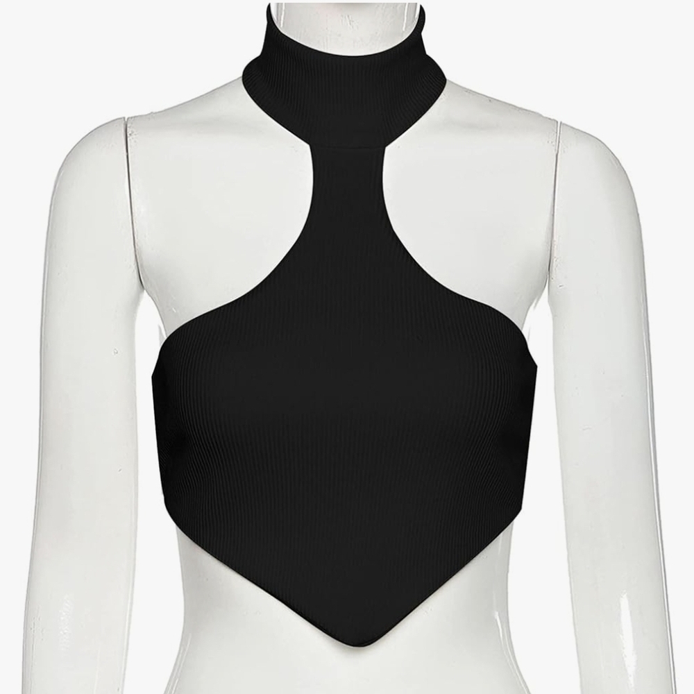 ☆5/$15☆Black Ribbed Halter Neck Crop Top with Collar | Size XS - Picture 12 of 13